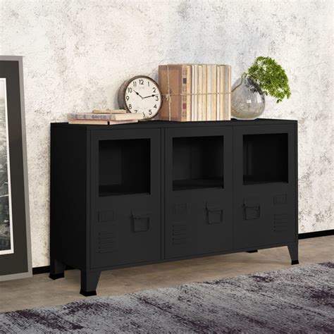 Industrial Sideboard Black 105x35x62 Cm Metal And Glass Wood Decors Furniture