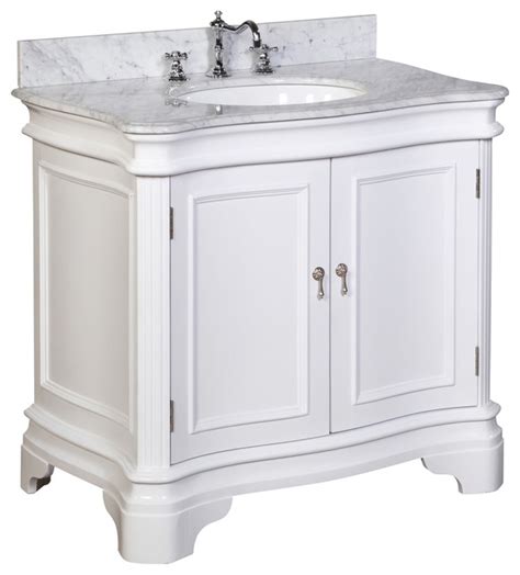 Small white bath vanity by frescabath with mirror and single sink. Katherine Bath Vanity, Carrara and White, Single, 36 ...