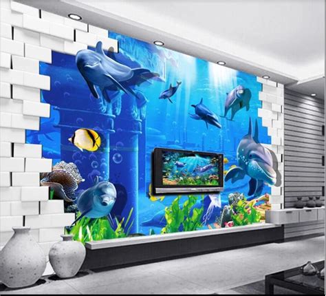 Custom Photo 3d Wallpaper Brick Wall Of Ocean World Shipwreck Dolphins