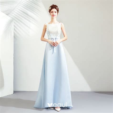 Elegant Sky Blue Satin Bridesmaid Dresses 2019 A Line Princess Square