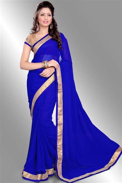 Royal Blue And Gold Faux Georgette Zari Thread Embroidered Border Saree