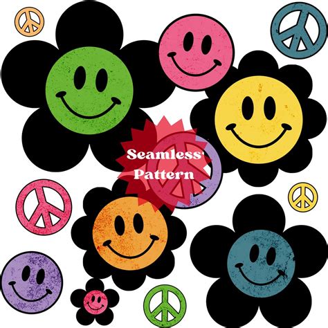 Smiley Face Seamless Pattern Retro Groovy Hippie Flower Peace Etsy