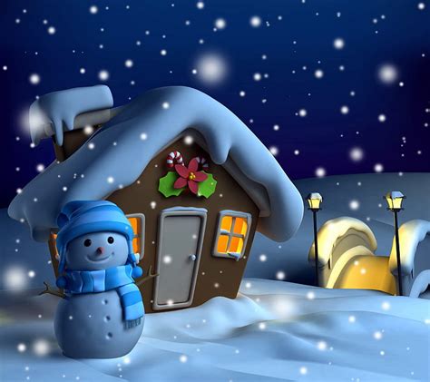 Christmas Night House Merry Snow Snowman Winter Hd Wallpaper Peakpx