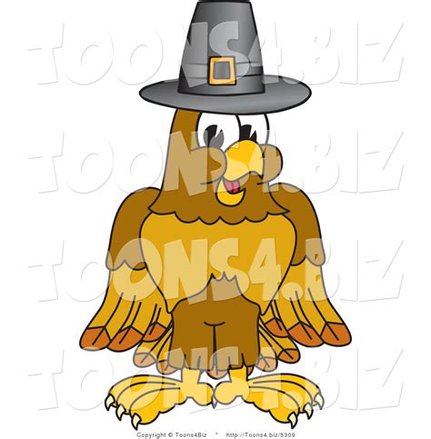 Vector Illustration Of A Cartoon Hawk Mascot Character In A Pilgrim Hat