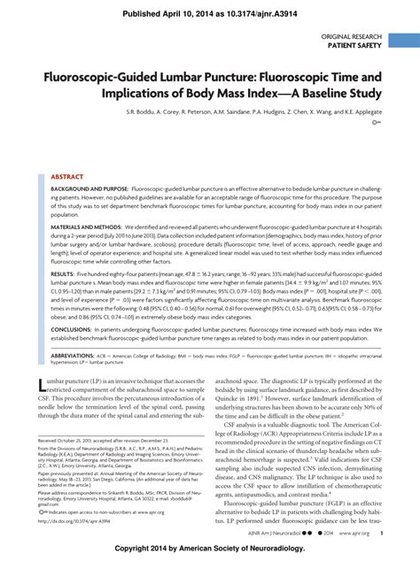 Pdf Fluoroscopic Guided Lumbar Puncture Fluoroscopic Time And
