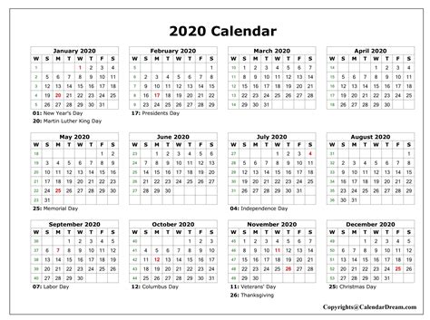 Printable Blank Yearly 2020 Calendar Template Pdf Calendar Dream