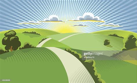 Illustration Of Sun Rising Behind Rolling Hills High Res Vector Graphic