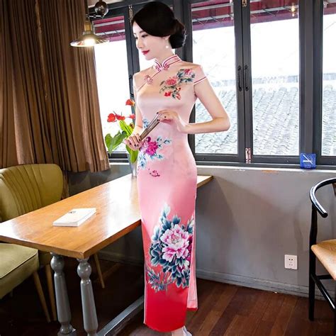 new arrival chinese traditional satin women slim cheongsam novelty print flower sexy formal