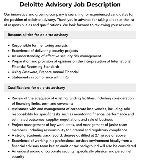Deloitte Advisory Job Description Velvet Jobs