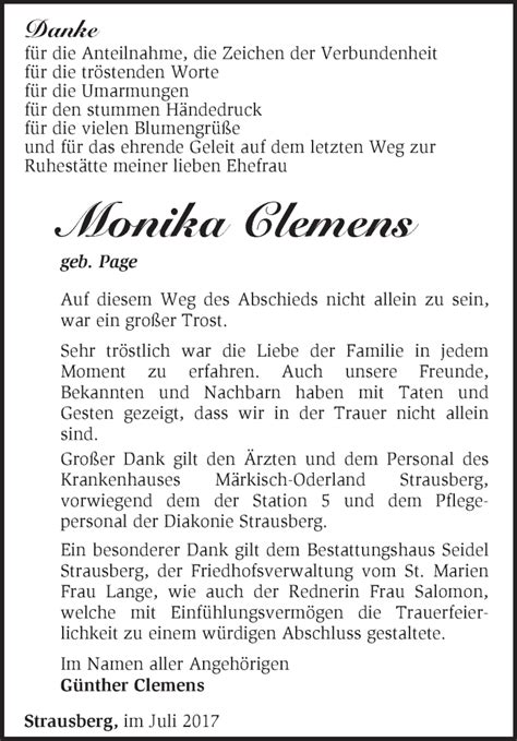 Traueranzeigen Von Monika Clemens M Rkische Onlinezeitung Trauerportal