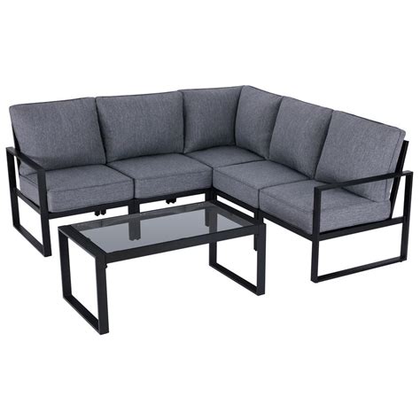 hampton bay barclay 6 piece black steel outdoor patio sectional sofa set with gray cushions and