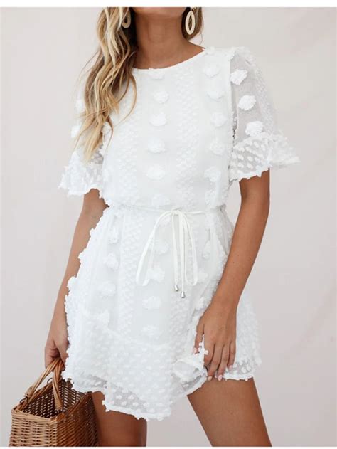 Free Shipping Casual White Dress Summer Women O Neck Short Flare Sleeve