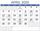 April 2020 Calendar With Holidays USA With Festival & Dates
