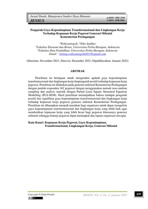 PDF Pengaruh Gaya Kepemimpinan Transformasional Dan Lingkungan Kerja