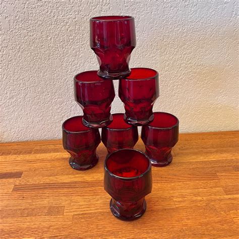 Lot 59 Mcm Vintage Georgian Tumblers Ruby Red Honeycomb Design Sets Of 7 And Tray Slocal