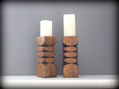 Pair Of Solid Wood Pillar Candle Holder Bookends Oak Sculpture