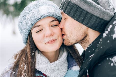 Guy Kisses The Girl On The Cheek Outside Stock Image Image Of