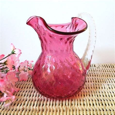 Vintage Cranberry Glass Quilted Diamond Pitcher Applied Handle Etsy Cranberry Glass