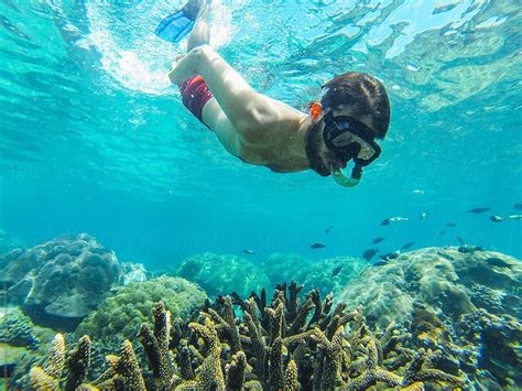 Young Man Diving And Snorkeling On Tropical Coral Reef On The Sea With