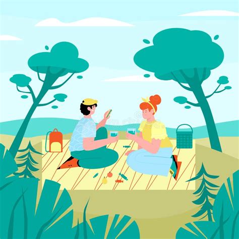 Picnic Party Banner With People In Park Flat Cartoon Vector