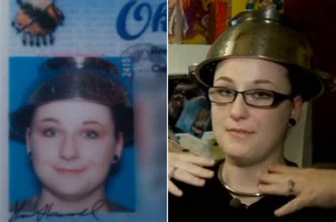 Pastafarian Shawna Hammond Wears Colander On Head For Licence Photo