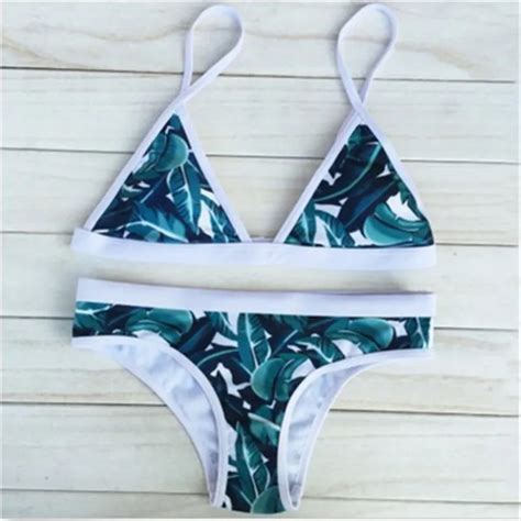 2017 Sexy Triangle Bikinis Sets Swimsuit Blue Leaves Print Swimwear