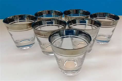 Set Of Seven Vintage Lowball Glasses With Silver Rim Retro Rock Glasses Mid Century Seven