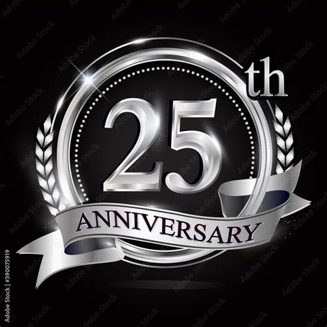 Celebrating 25th Anniversary Logo With Silver Ring And Ribbon Stock