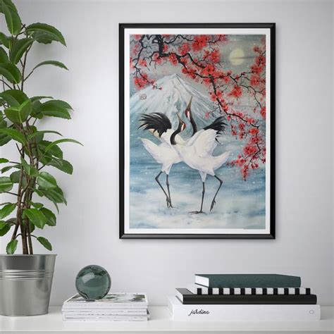 Japanese Red Crowned Cranes Dance And Plum Blossom Watercolour By Olga