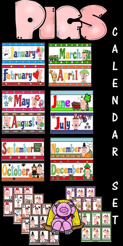 12 Month Calendar Set With Seasonal Pig Theme Calendar Cards