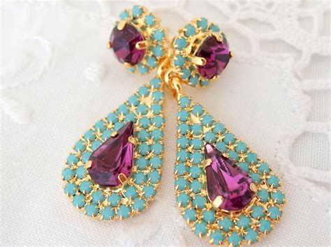Purple Earrings Purple Turquoise Chandelier Earringspurple Etsy