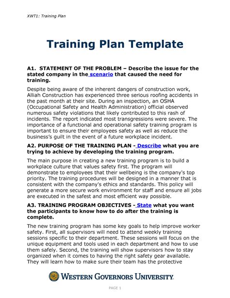 C235 Task 1 Template Updated 2 Xwt1 Training Plan Training Plan