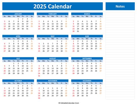 2025 Yearly Calendar With Notes