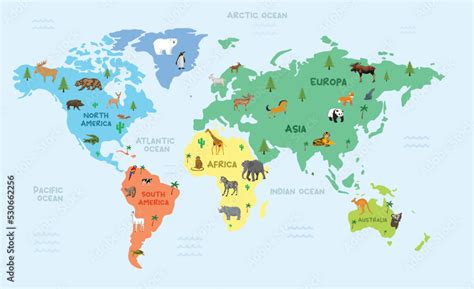 Mapa Mundi Con Divisiones Y Animales Los Cinco Continentes Y Separado