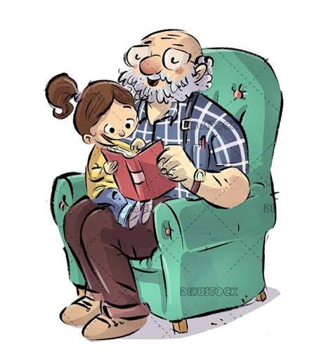 Nieta Y Abuelo Leyendo Un Libro En El Sillón Ilustraciones De Cuentos