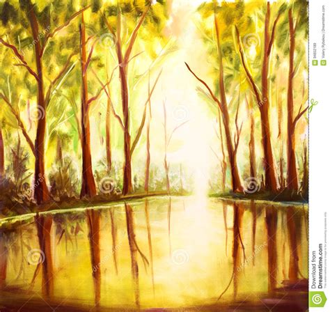 Original Oil Hand Painting Reflection Of Trees In Water On Canvas