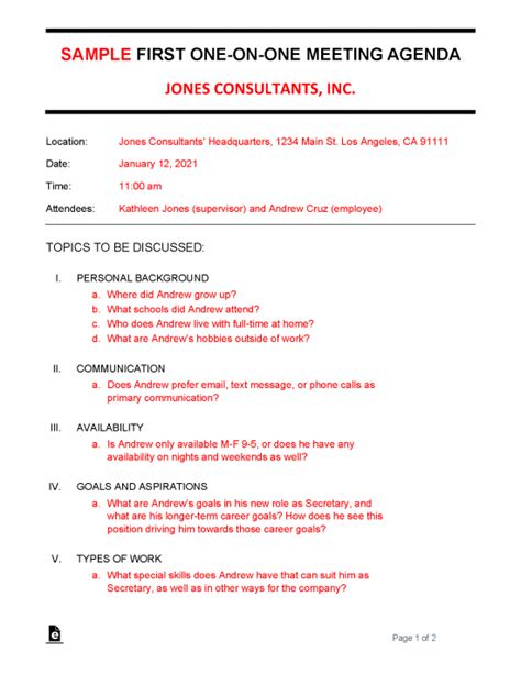 Free One On One Meeting Agenda Template Sample Pdf Word Eforms