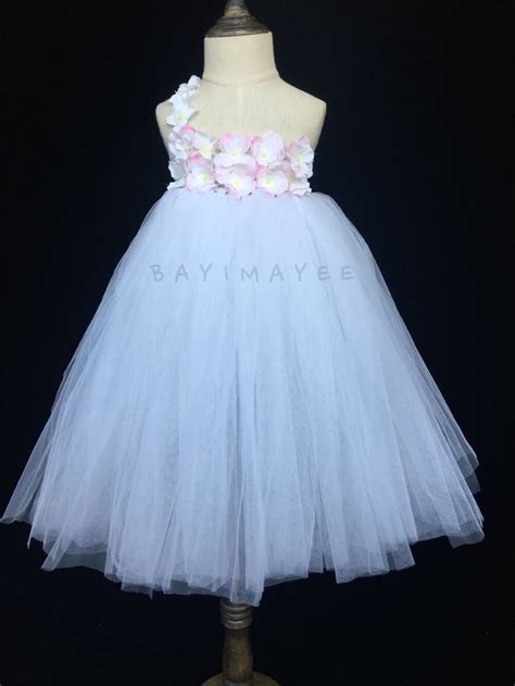 New Girls White Flower Dress Kids Crochet Single Shoulder Tutu Dresses
