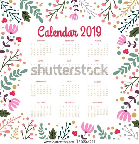 Calendar 2019 Floral Calendar Colorful Flowers Stock Vector Royalty