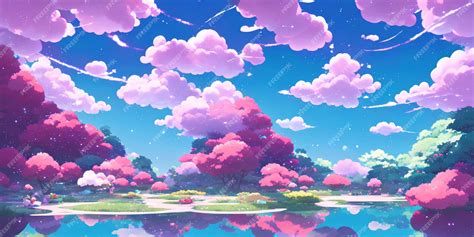 Paisaje De Anime Natural Con Cielo Brillante Y Colores Jugosos Foto