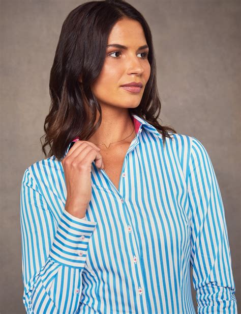 Women S Blue White Bengal Stripe Cotton Stretch Fitted Shirt Single