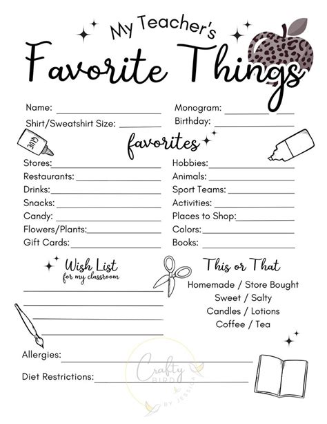 My Teachers Favorite Things Questionnaire Printable Etsy Canada