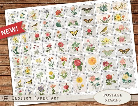 Postage Stamps Printable Sheet Floral Post Stamps Junk Journal
