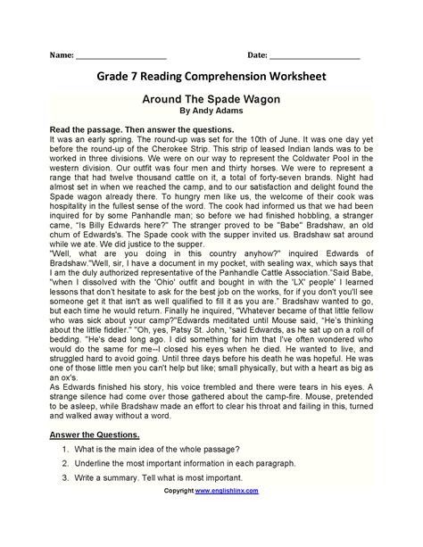 Printable Worksheets For 7th Graders Reading