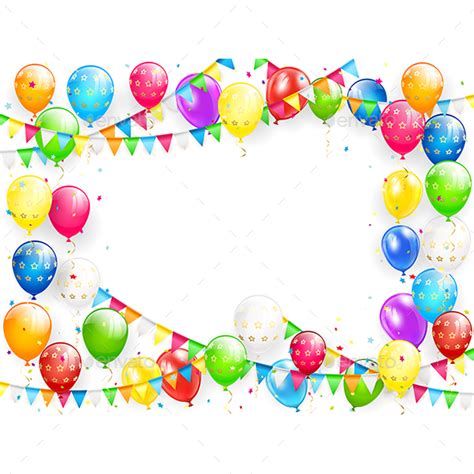 Birthday Balloons And Multicolored Confetti On White Background By Losw
