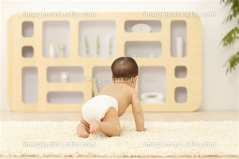 リビングでハイハイする裸の赤ちゃんの写真素材 イメージマート