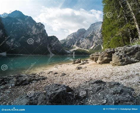 Amazing View Of Braies Lake Lago Di Braies With Summer Forest And