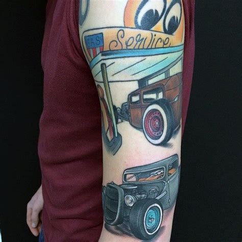 Hot Rod Vehicle Service Station Tattoo Guys Forearms Old School Tattoo