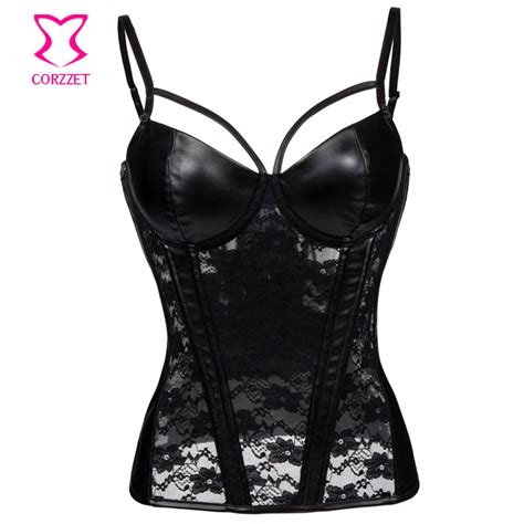 Black Floral Lace Faux Leather Corset Top With Straps Cut Out Bra Push Up Corsets And Bustiers