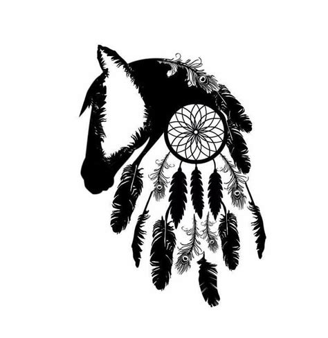Horse Silhouette And Dream Catcher Tattoo Outline Black White Feathers